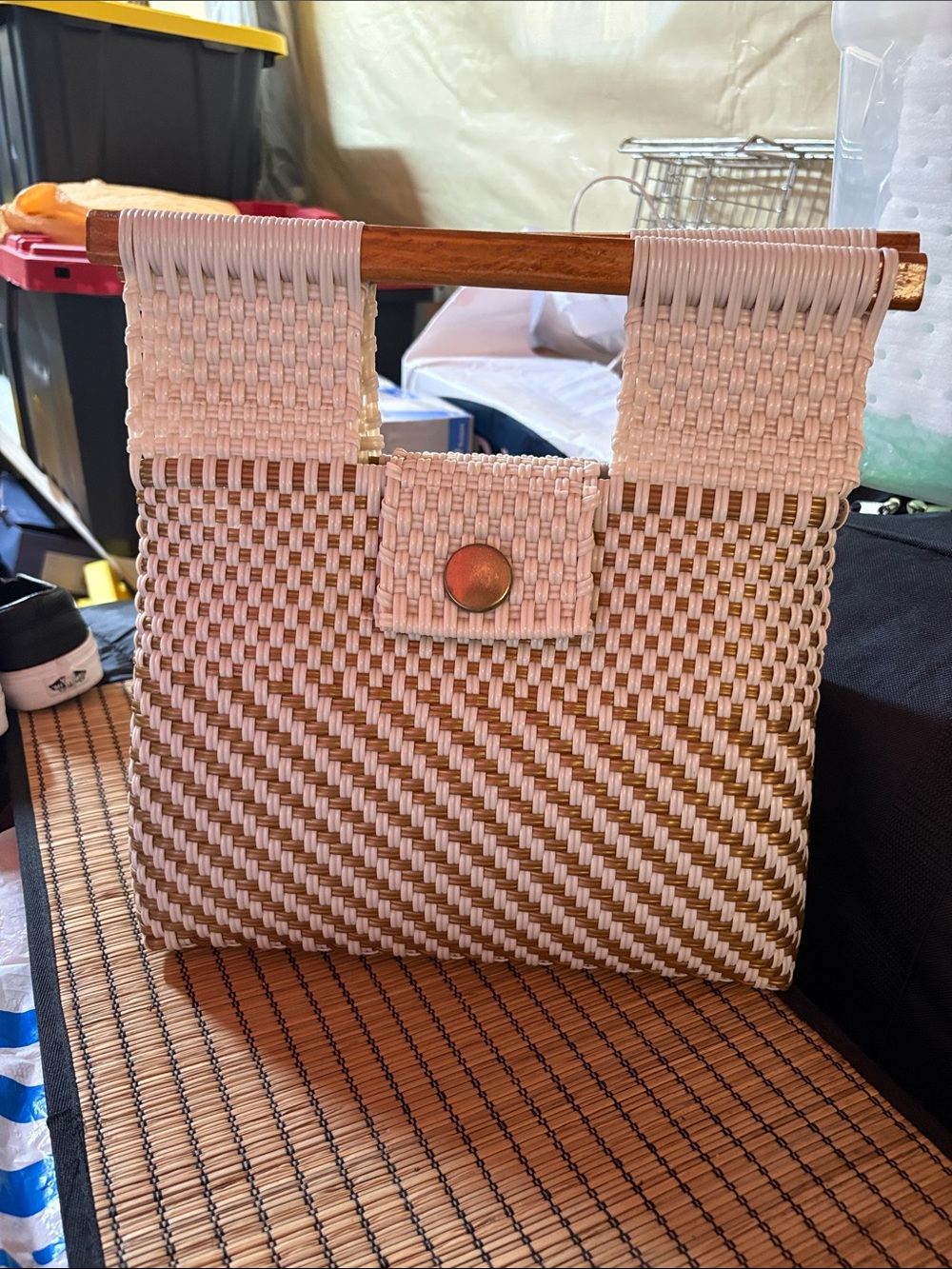Woven Straw-Style Tote Bag in Natural and White